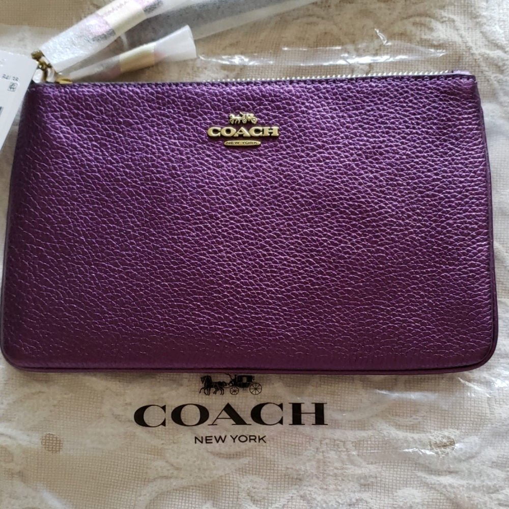 Coach purple metallic leather wristlet NWT